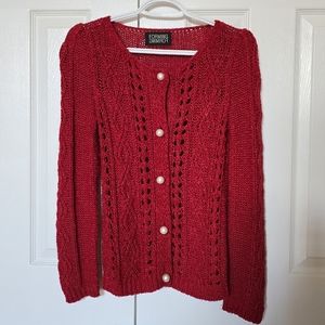 Red cardigan with faux peral buttons